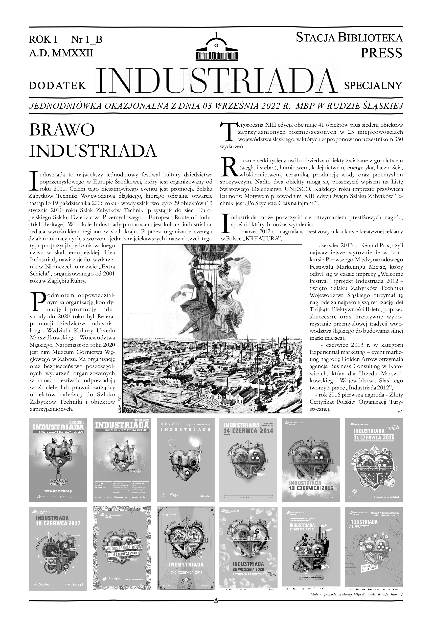 zdjęcie okładki Stacja Biblioteka Press: Dodatek INDUSTRIADA specjalny: jednodniówka okazjonalna z dnia 03 września 2022 r. MBP w Rudzie Śląskiej. Rok I Nr 1_B