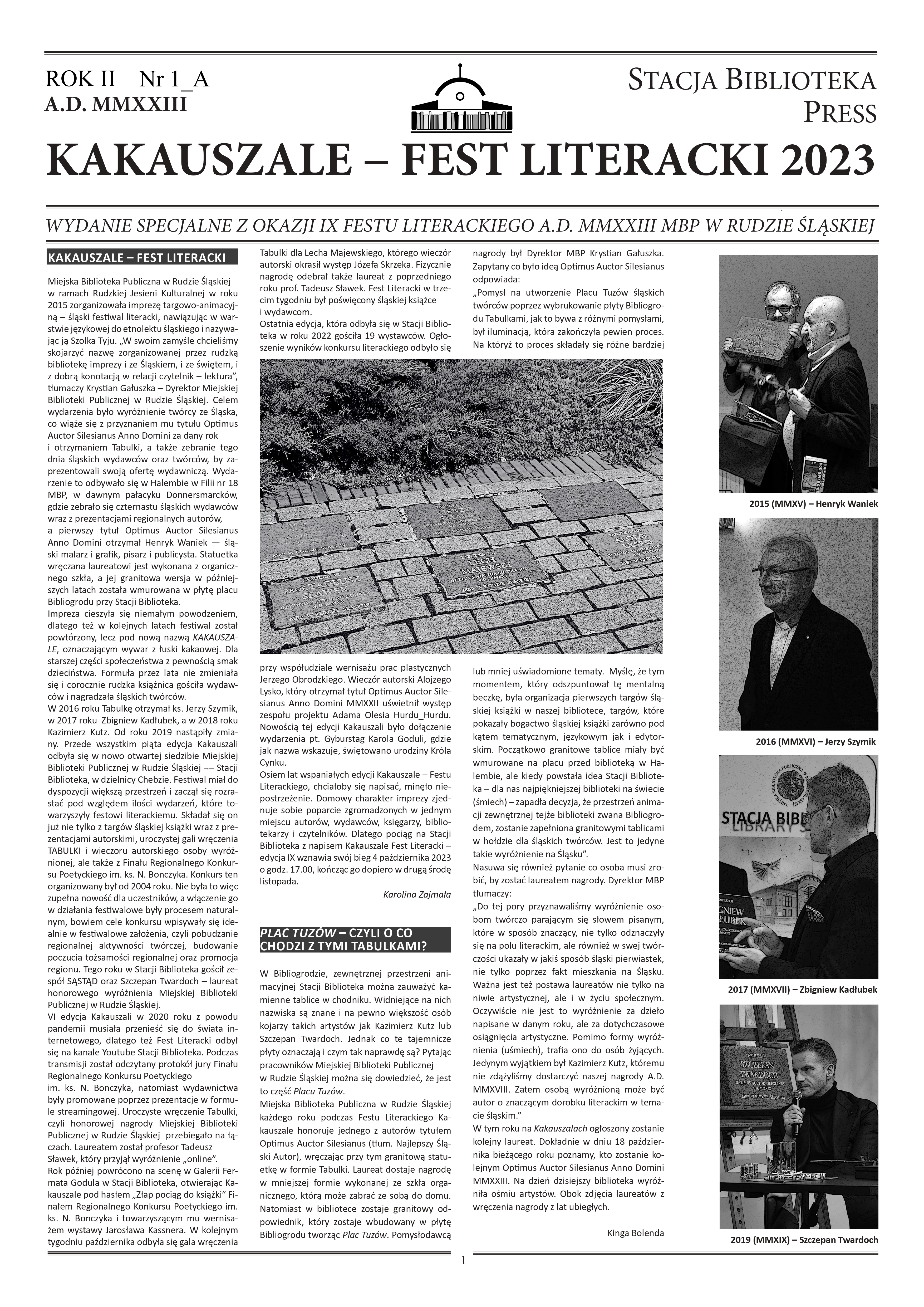 zdjęcie okładki Stacja Biblioteka Press: Kakauszale - Fest Literacki 2023: wydanie specjalne z okazji IX Festu Literackiego A. D. MMXXIII MBP w Rudzie Śląskiej. Rok II Nr 1_A