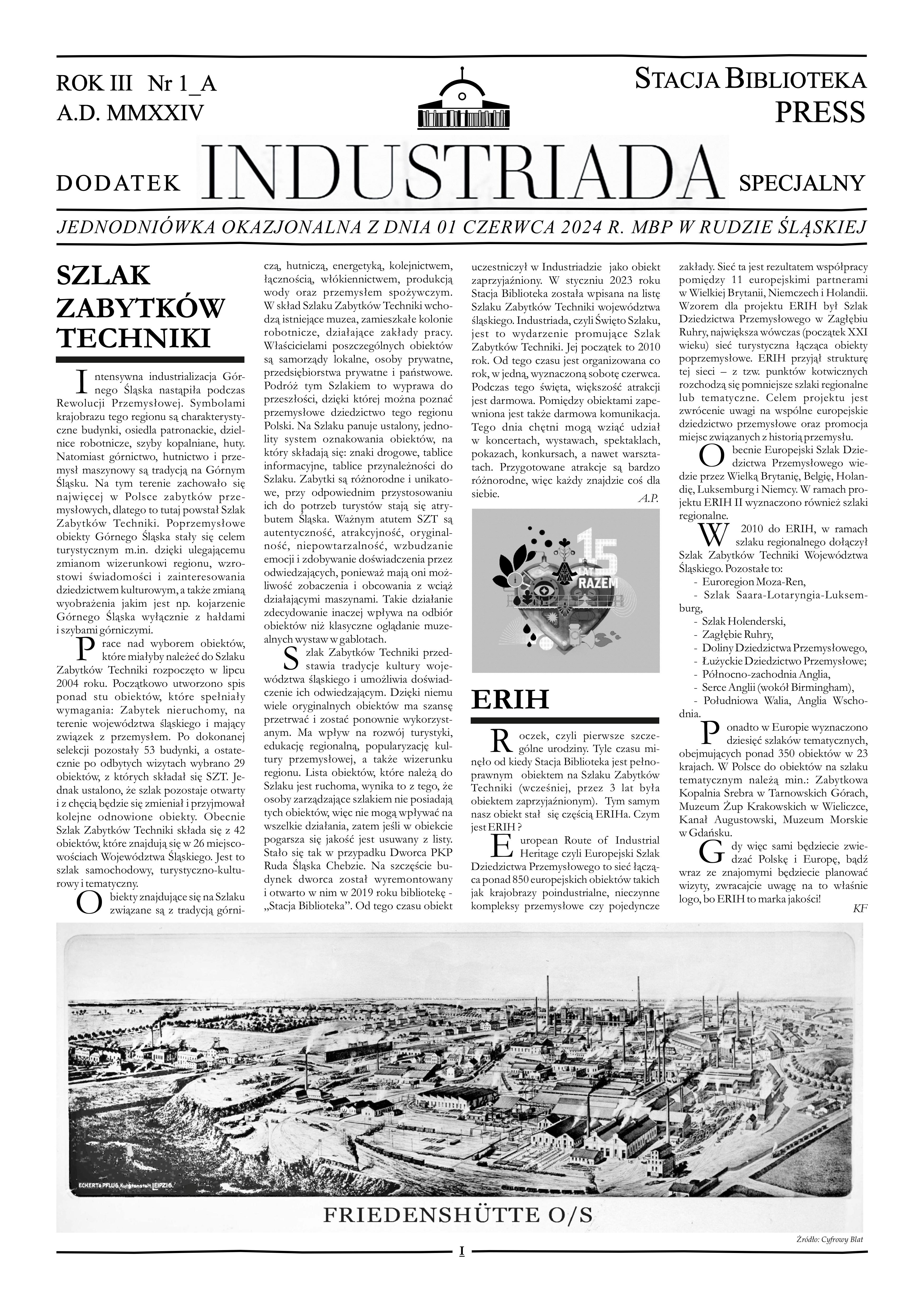zdjęcie okładki Stacja Biblioteka Press: Dodatek INDUSTRIADA specjalny: jednodniówka okazjonalna z dnia 01 czerwca 2024 r. MBP w Rudzie Śląskiej. Rok III Nr 1_A