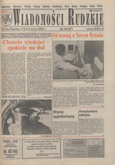 zdjęcie okładki Wiadomości Rudzkie : tygodnik samorządowy : Bielszowice, Bykowina, Chebzie, Godula, Halemba, Kochłowice, Nowy Bytom [...]. 1994. Kwartał 2.