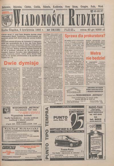 zdjęcie okładki Wiadomości Rudzkie : tygodnik samorządowy : Bielszowice, Bykowina, Chebzie, Godula, Halemba, Kochłowice, Nowy Bytom [...]. 1995. Kwartał 2.