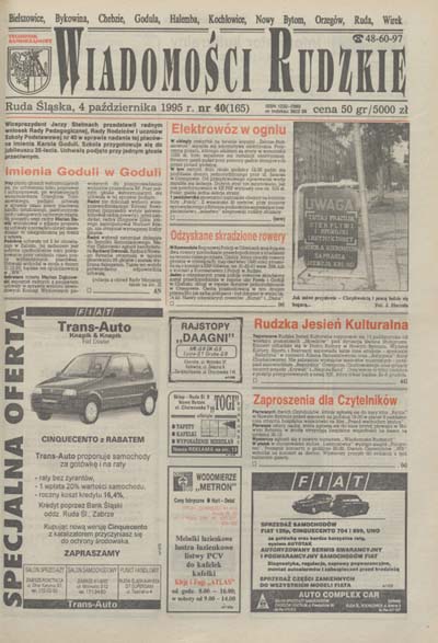zdjęcie okładki Wiadomości Rudzkie : tygodnik samorządowy : Bielszowice, Bykowina, Chebzie, Godula, Halemba, Kochłowice, Nowy Bytom [...]. 1995. Kwartał 4.