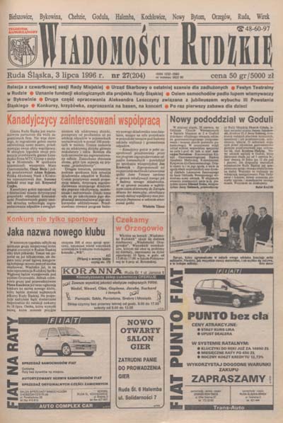 zdjęcie okładki Wiadomości Rudzkie : tygodnik samorządowy : Bielszowice, Bykowina, Chebzie, Godula, Halemba, Kochłowice, Nowy Bytom [...]. 1996. Kwartał 3.