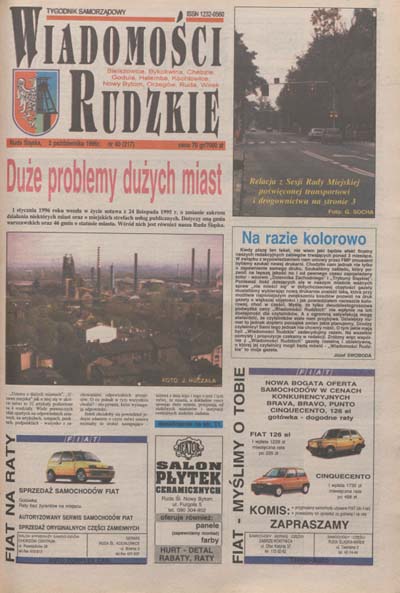 zdjęcie okładki Wiadomości Rudzkie : tygodnik samorządowy : Bielszowice, Bykowina, Chebzie, Godula, Halemba, Kochłowice, Nowy Bytom [...]. 1996. Kwartał 4.