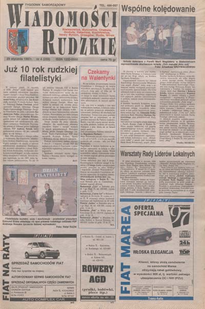 zdjęcie okładki Wiadomości Rudzkie : tygodnik samorządowy : Bielszowice, Bykowina, Chebzie, Godula, Halemba, Kochłowice, Nowy Bytom [...]. 1997. Kwartał 1.