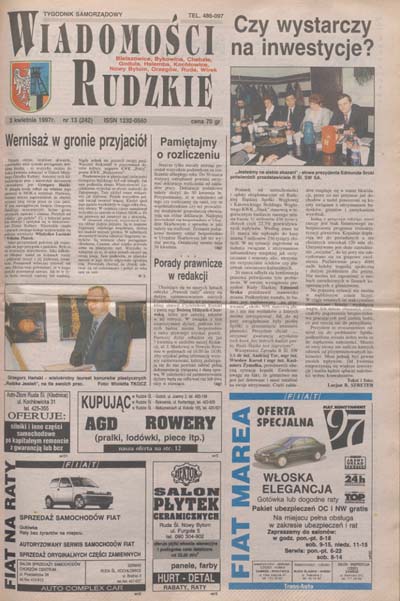 zdjęcie okładki Wiadomości Rudzkie : tygodnik samorządowy : Bielszowice, Bykowina, Chebzie, Godula, Halemba, Kochłowice, Nowy Bytom [...]. 1997. Kwartał 2.