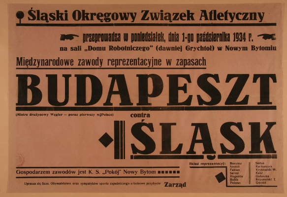 zdjęcie okładki Śląski Okręgowy Związek Atletyczny przeprowadza w poniedziałek, dnia 1-go października 1934 r. na sali "Domu Robotniczego (dawniej Grychtoł) w Nowym Bytomiu [...] [afisz]